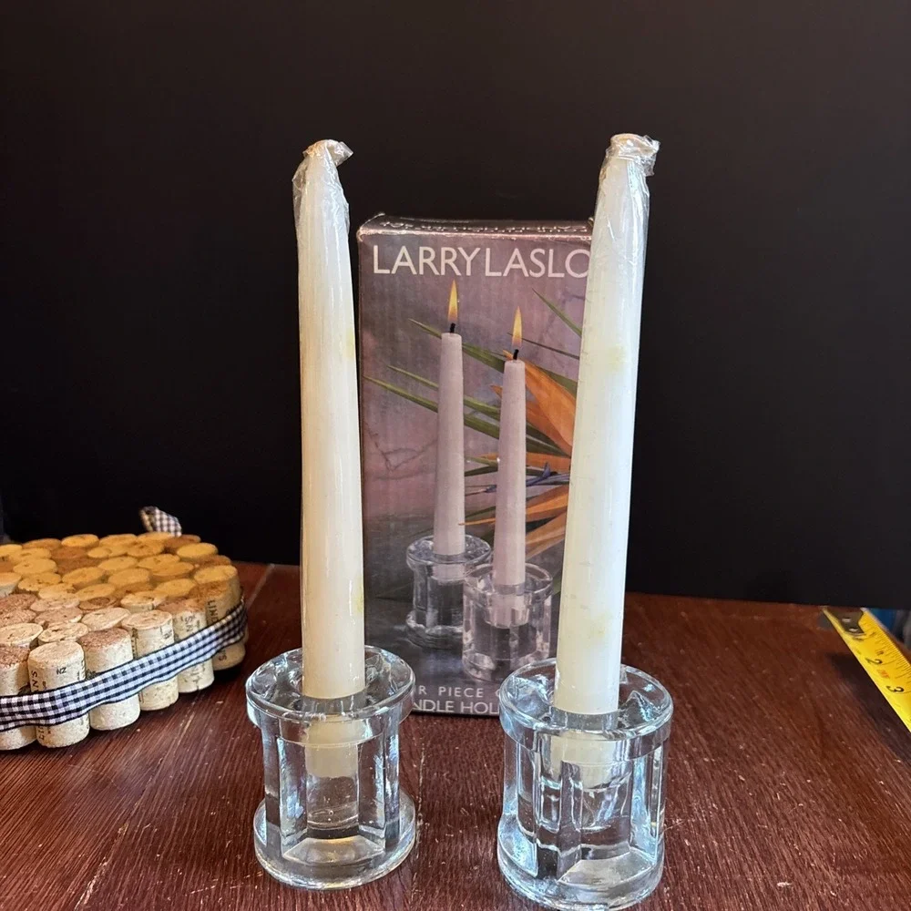 Larry‎ Lasso Vintage 4 Piece Crystal Candle Holder Set NIB 2 Holders 2 Candles